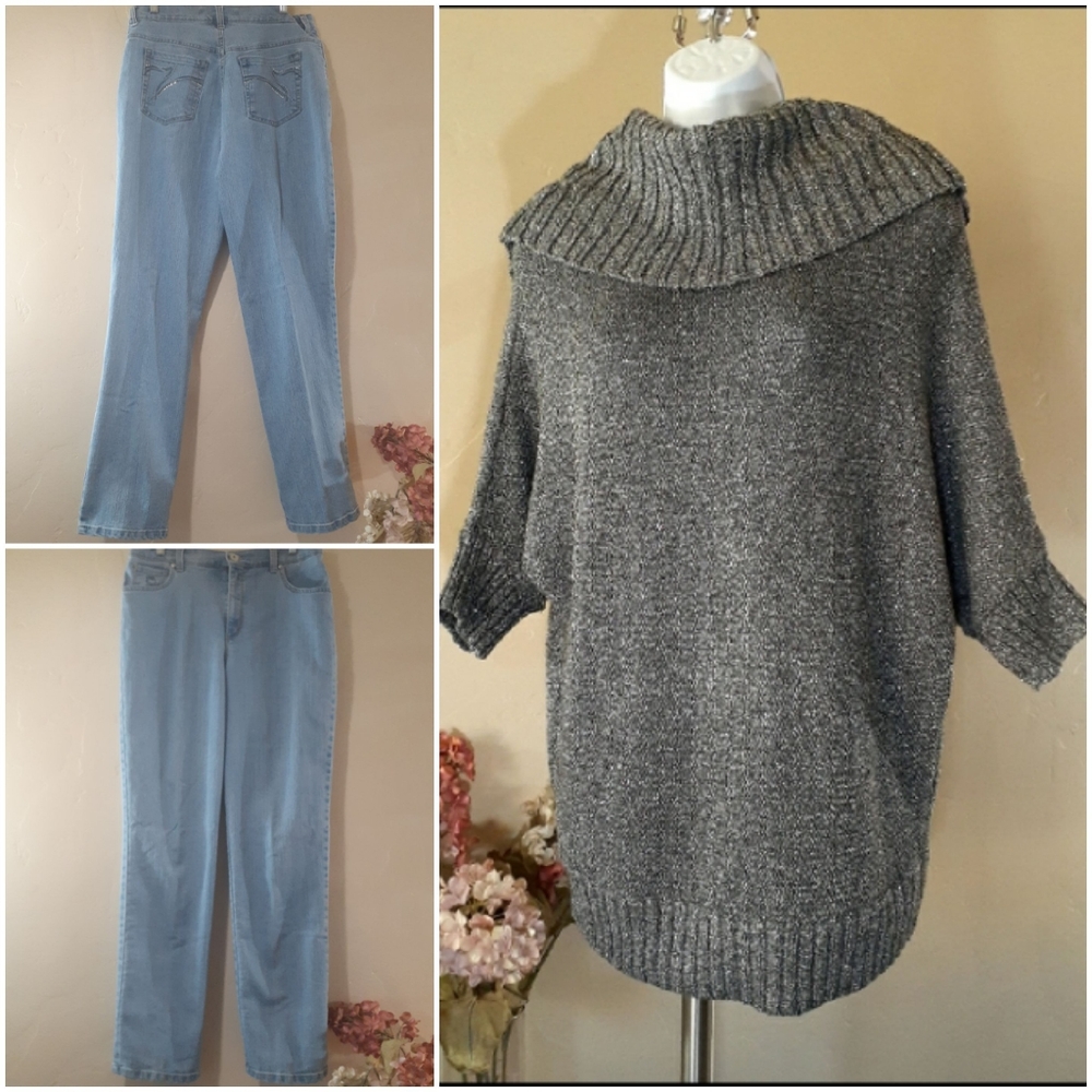 Plus Size Silver Metallic Sparkle Sweater  +  Rhinestone Embellished Jeans